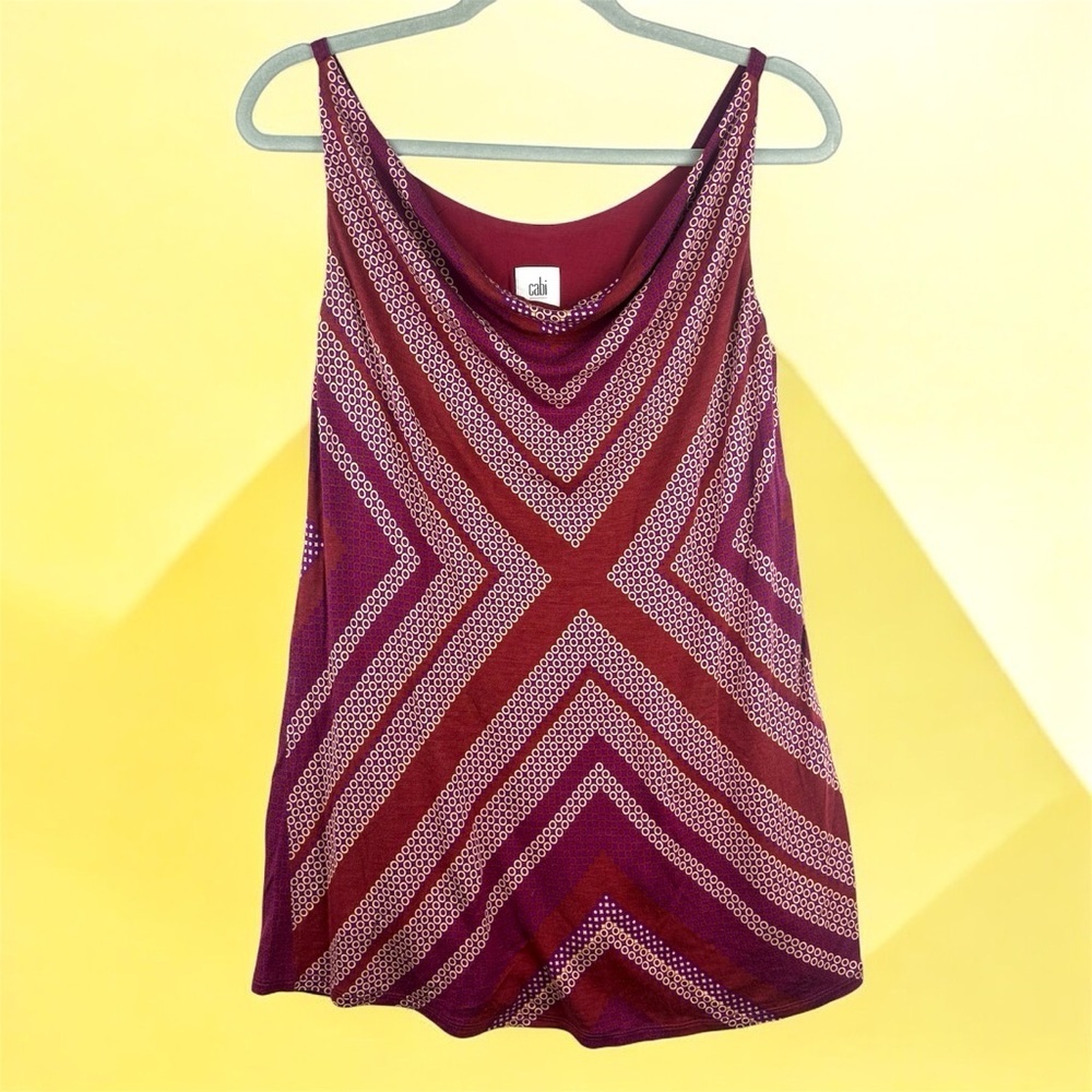 Chic Burgundy Patterned Women's Sleeveless Top Colorful Layered Scoop Neck Small